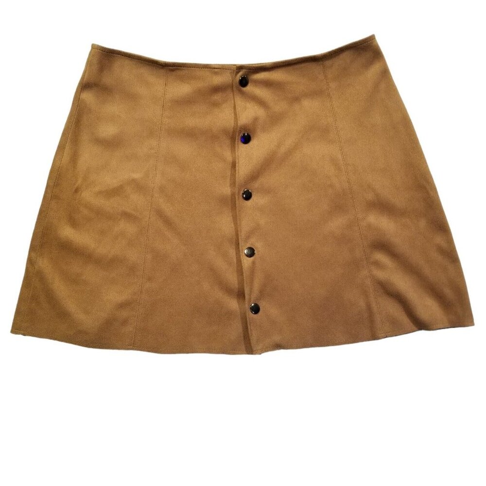Fashion Union Faux Suede Mini Skirt Button Down A Line Brown Camel Womens Size M
